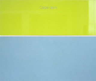 Dittici con le scritte, Carpe diem, 2004, smalto su alluminio e acrilico su tela, 126×150 cm